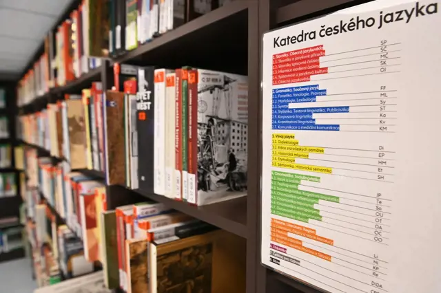Poloha knihovny s tabulí Katedry českého jazyka.