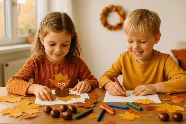 Děti tvoří podzimní umění z papíru s listy na stole