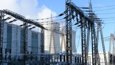 Fotografie jaderné elektrárny s chladicími věžemi a přenosovou soustavou.