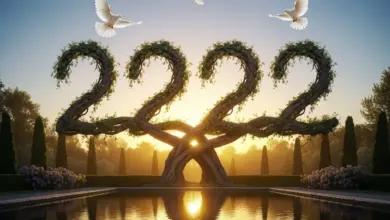 Dřevěná socha čísla 2222 s holubicemi v zahradním parku.