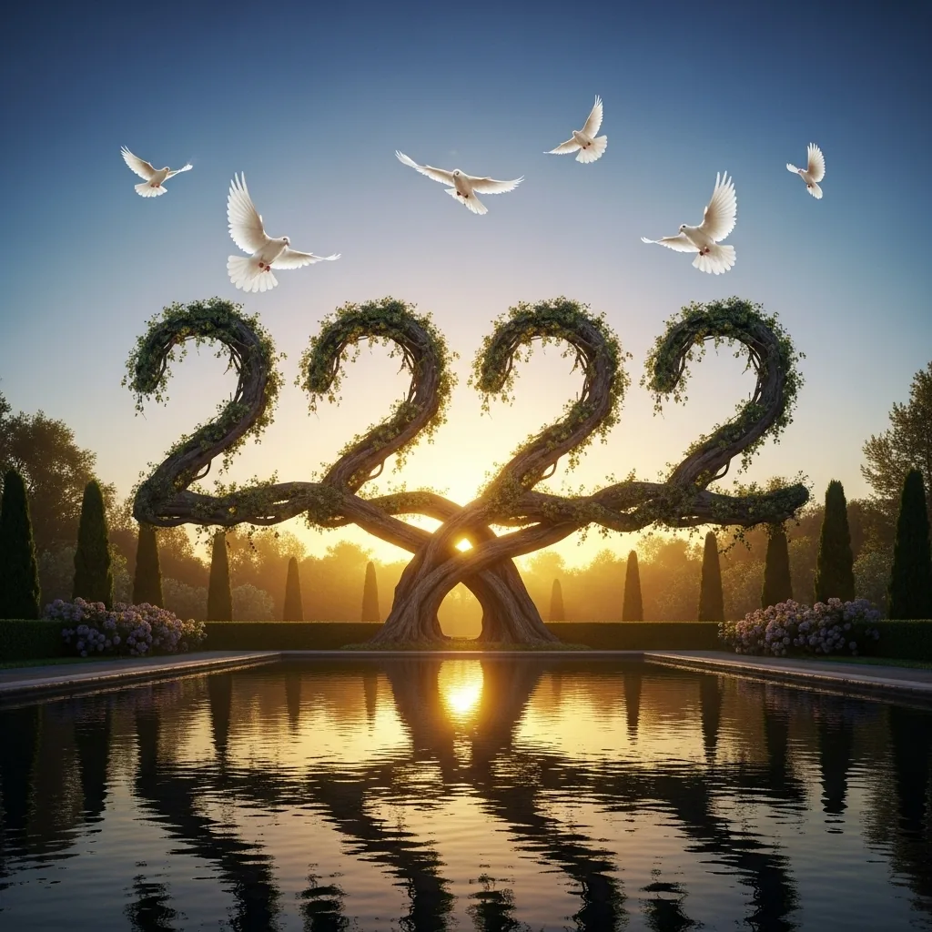 Dřevěná socha čísla 2222 s holubicemi v zahradním parku.
