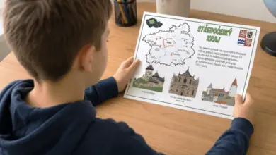 Dětské studium mapy kraje Středočejsko s ilustracemi památek.