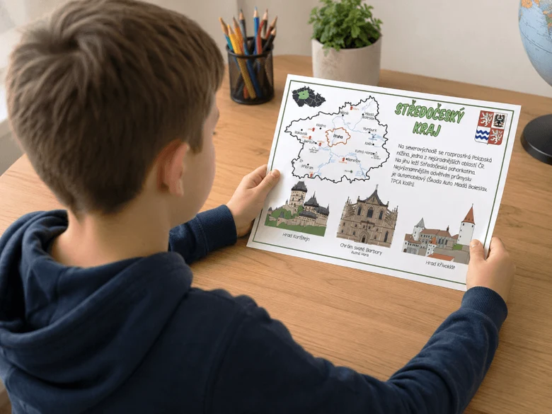 Dětské studium mapy kraje Středočejsko s ilustracemi památek.