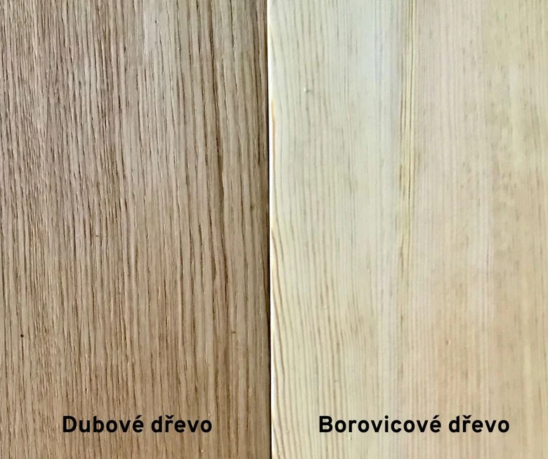 Porovnání textury dubového a borovicového dřeva pro informační účely.