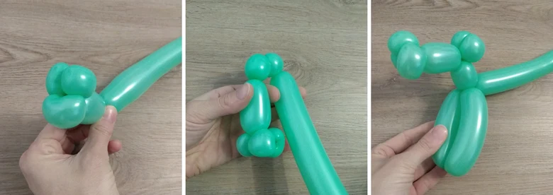 Ruce tvarují zelený balón do postavy krok za krokem.