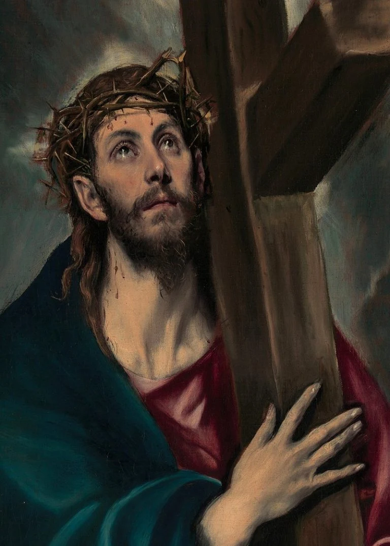 Křesťanská malba Ježíše s korunou trnů nesoucího kříž.