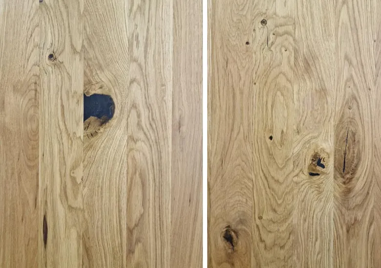 Detailní záběr na kresbu dubového dřeva s uzly a texturou.