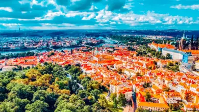 Pohled na Prahu s červenými střechami a řekou pod modrou oblohou.