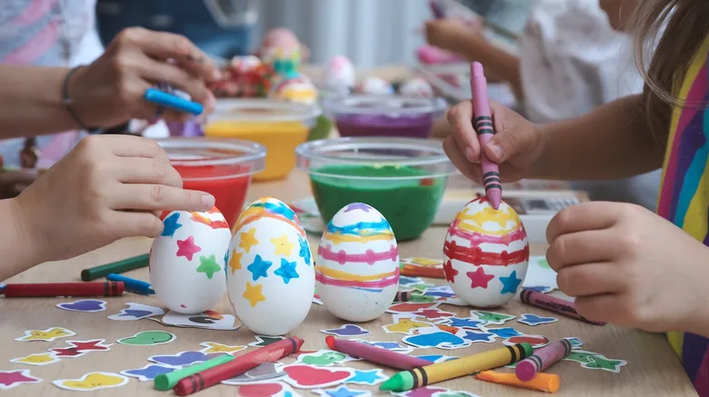Děti malují velikonoční vajíčka barevnými fixy a nálepkami.