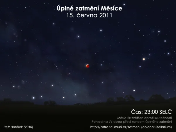 Úplné zatmění Měsíce s hvězdnou oblohou na pozadí.