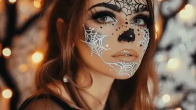 Žena s pavučinovou tváří v halloweenovém make-upu.