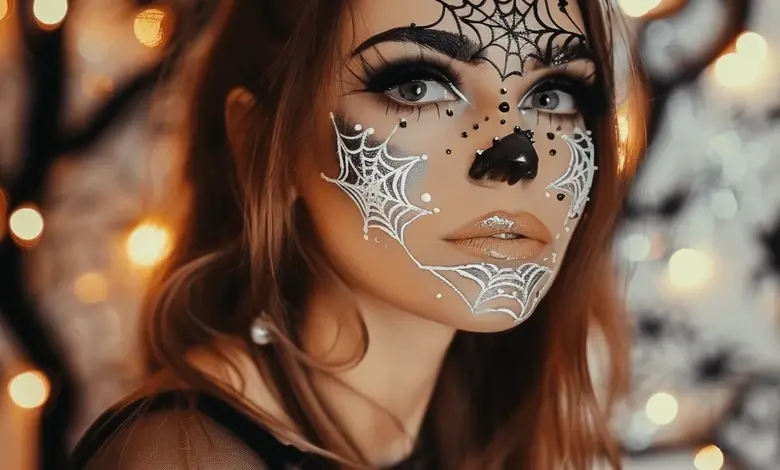 Žena s pavučinovou tváří v halloweenovém make-upu.