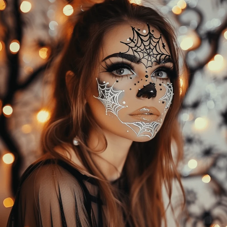 Žena s pavučinovou tváří v halloweenovém make-upu.