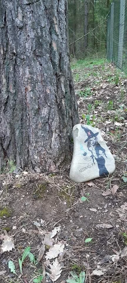 Namalovaný kámen s čarodějkou u stromu v lese