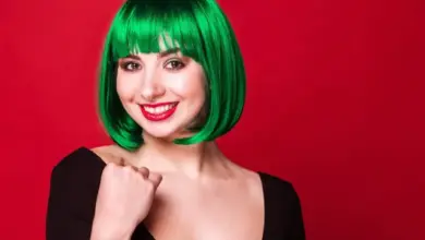 Woman with green bob wig
