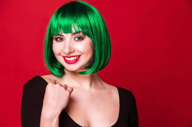 Woman with green bob wig