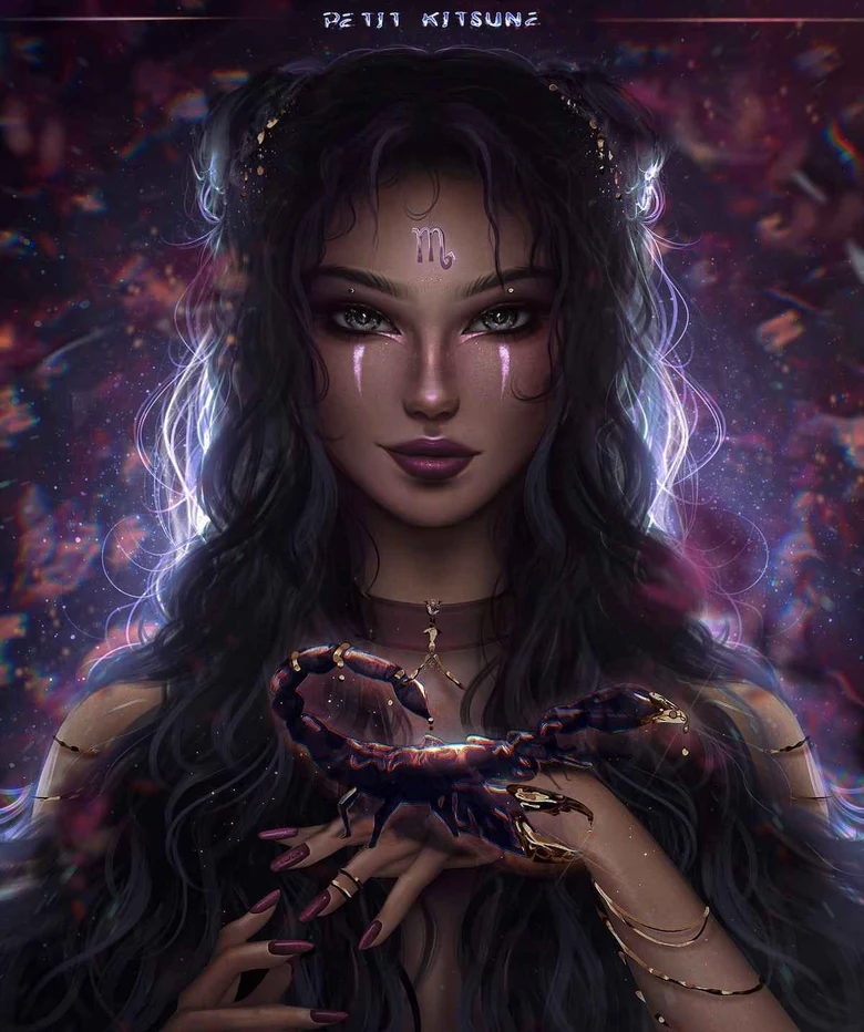 Žena drží štíra jako symbol znamení Štír v astrologii.