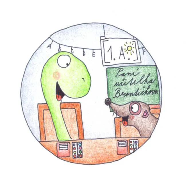 Ilustrace dinosaura učitele s myší žákem v třídě.