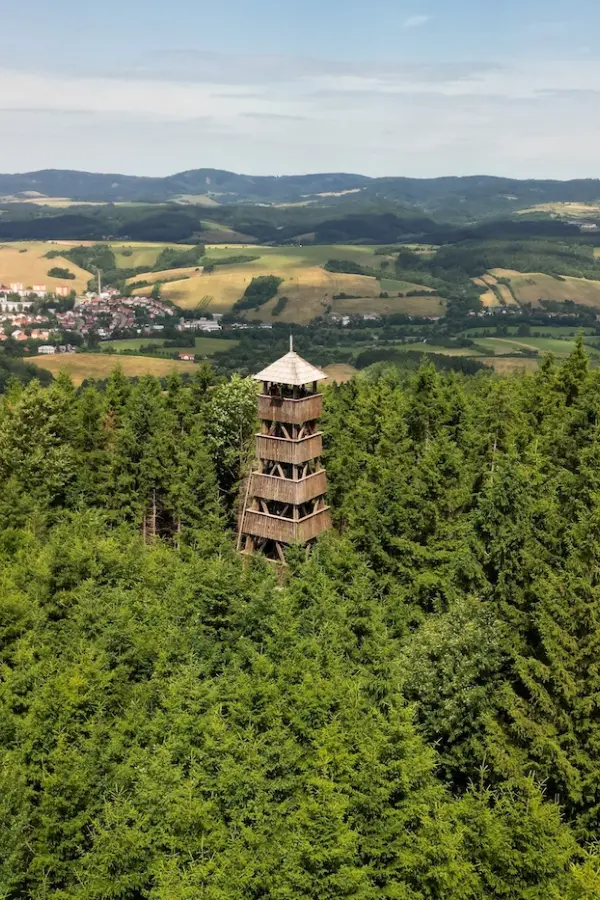 Dřevěná rozhledna ve Zlínském kraji uprostřed lesa s výhledem na krajinu.