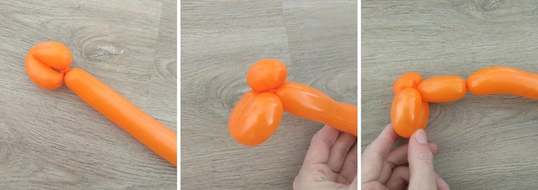 Krok za krokem tvarování oranžového balónku do tvary zvířete