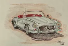 Ručně kreslený konvertibilní automobil značky Mercedes s červeným interiérem.