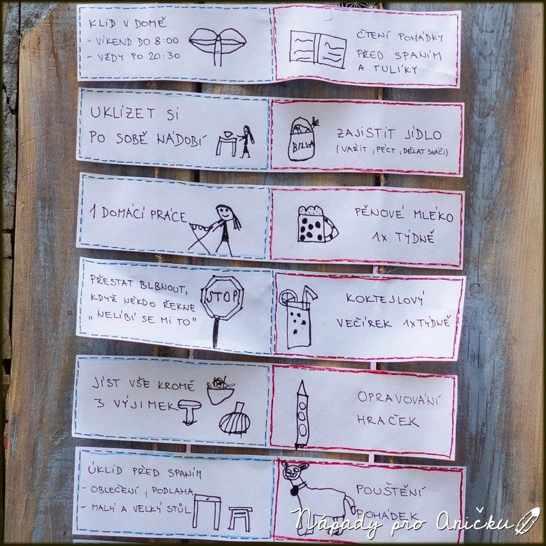 Rukou vyrobené kartonové pravidla pro děti s českým textem a kresbami.